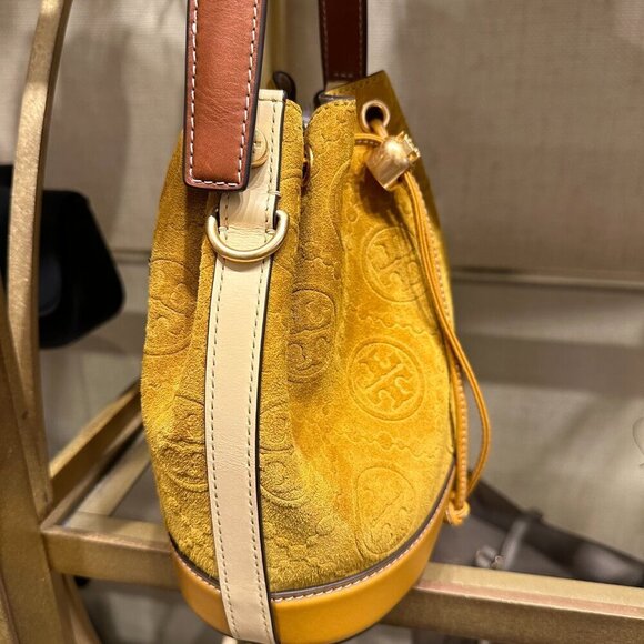 NEW! Tory Burch T-Monogram SUEDE EMBOSSED Bucket -large Claret (Deep Sunflower) - Picture 12 of 15